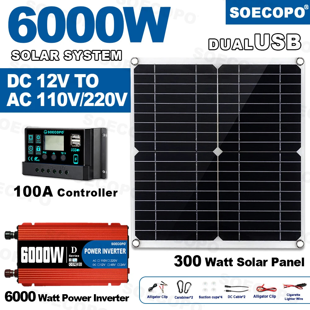 6000W Solar Panel Set Solar Power Inverter Generator 100A Home 110V Grid System