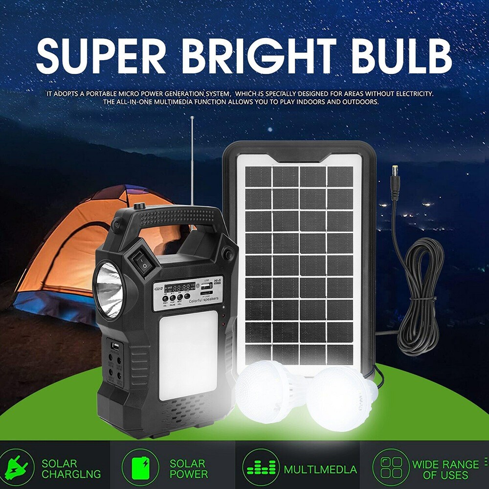 Portable Solar Power Bank Generator Rechargeable w/Flashlight & Lighting Bulbs