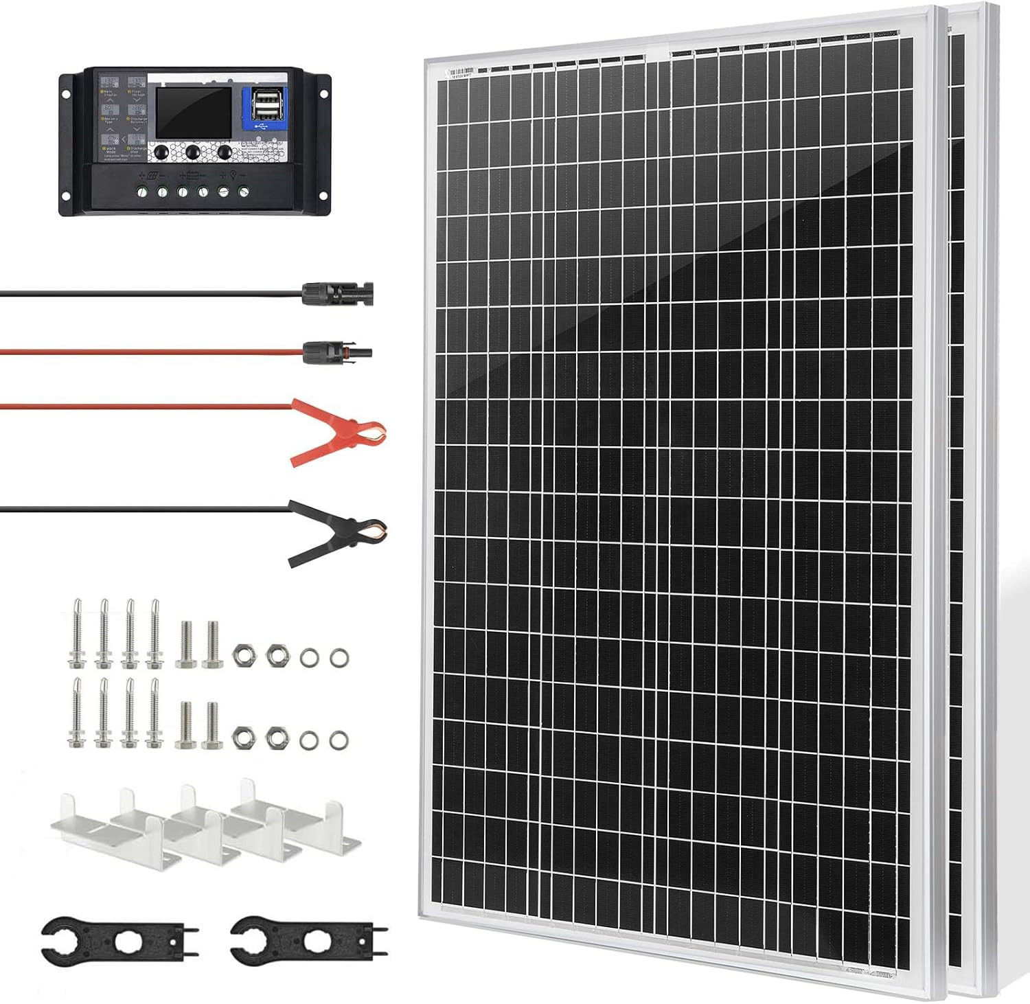 2 Pcs 100 Watt 12 Volt Monocrystalline Solar Panels Kit, with 30A 12V/24V PWM Ch
