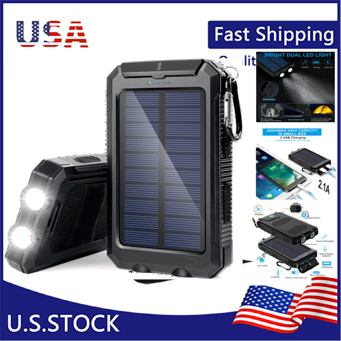 2022 Super Powerful USB Portable Charger Solar Power Bank For Cell Phone Tablet