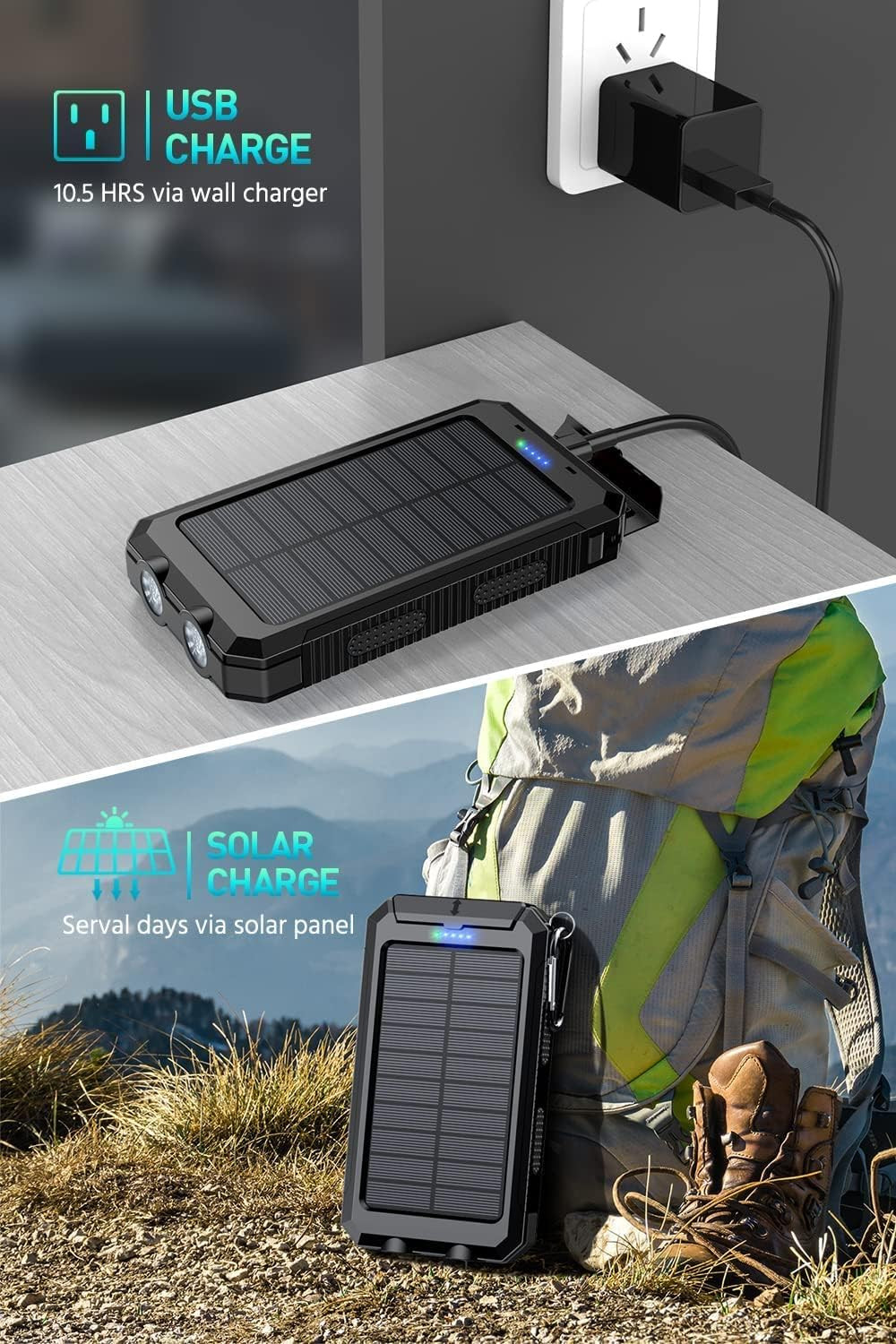 Power Bank, Solar Charger 36800Mah Dual 2 USB Port Built-In IPX7 Waterproof