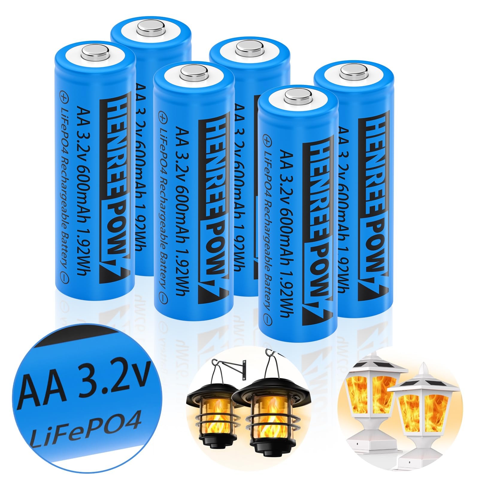 AA 3.2V Solar Rechargeable Batteries 600mAh for Solar Lights | 6-Pack | Outdoor