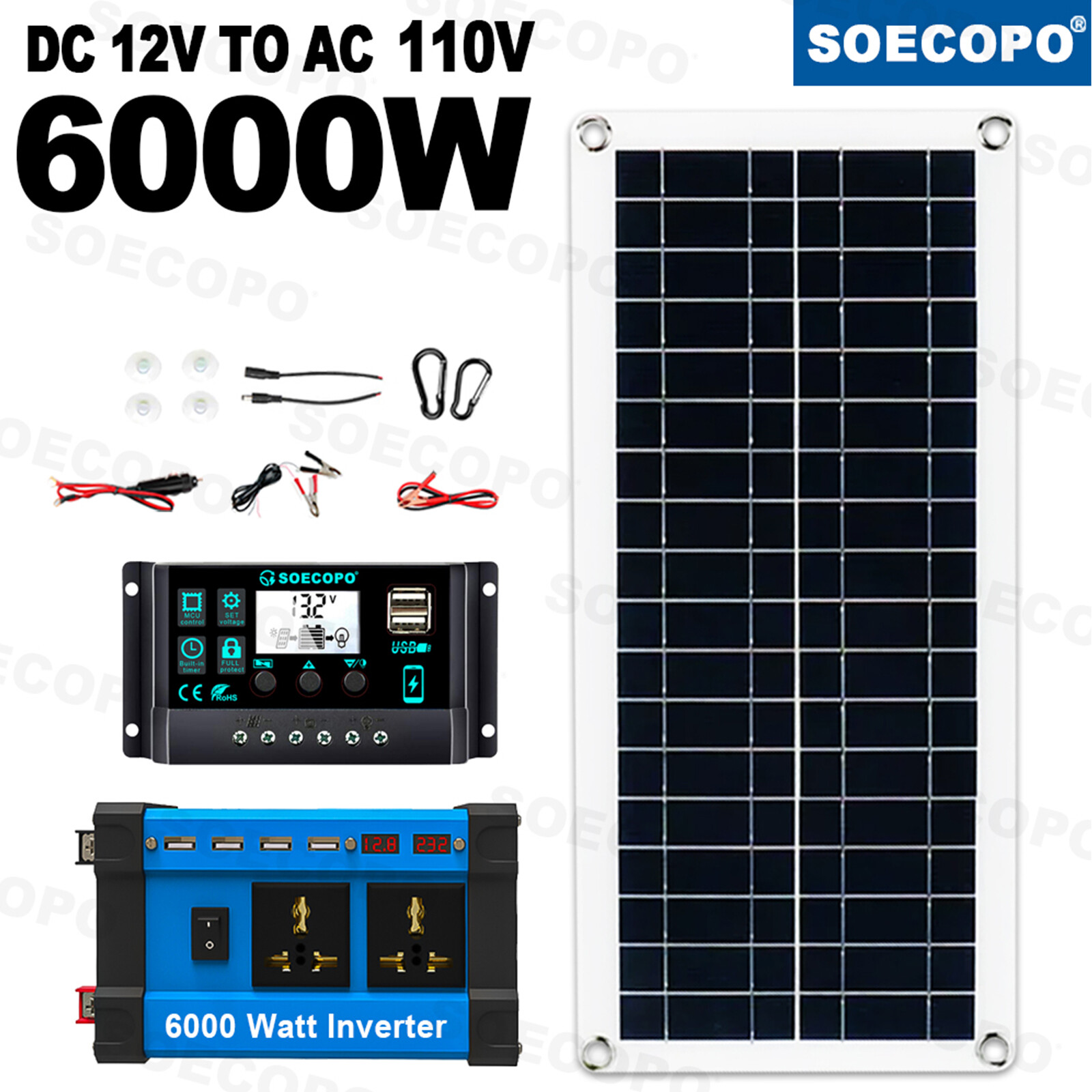 6000W Complete Solar Panel Kit Solar Power Generator 100A Home 110V/220V System