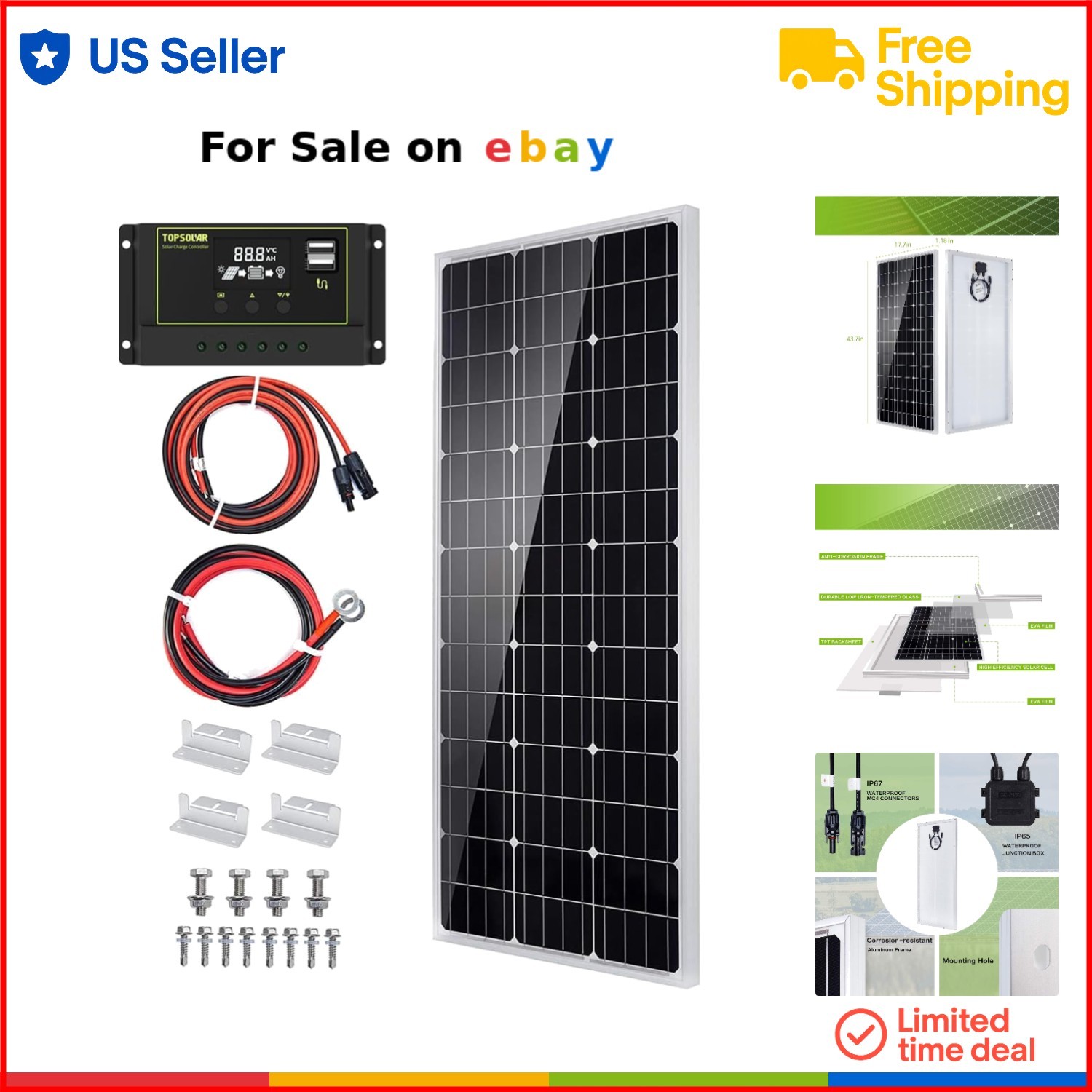 Solar Panel Kit 100W 12V Monocrystalline Off Grid System for RV Boat Home