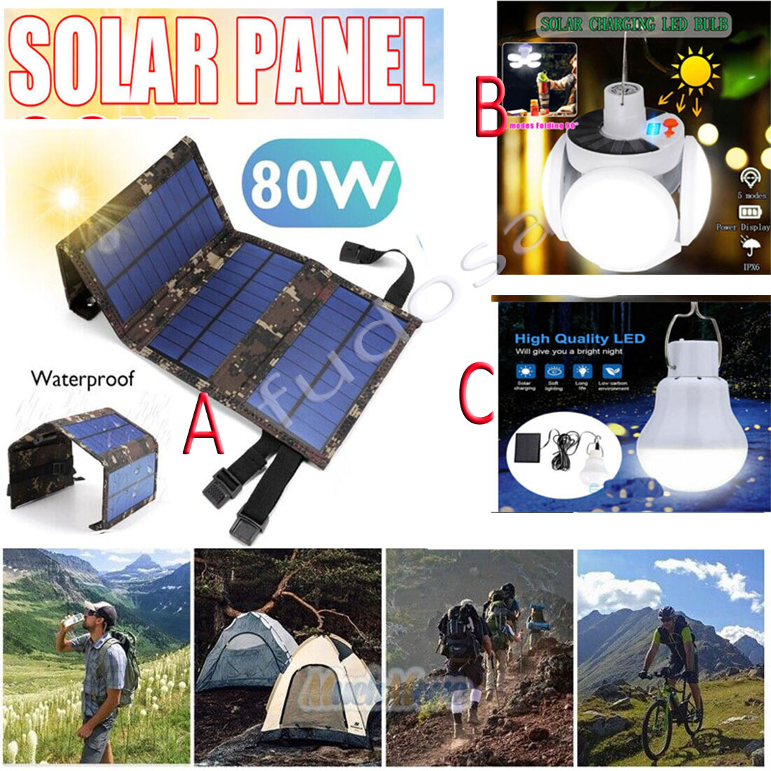 80W USB Solar Panel Kit Folding Power Bank Camping Hiking Phone Charger w/ Torch