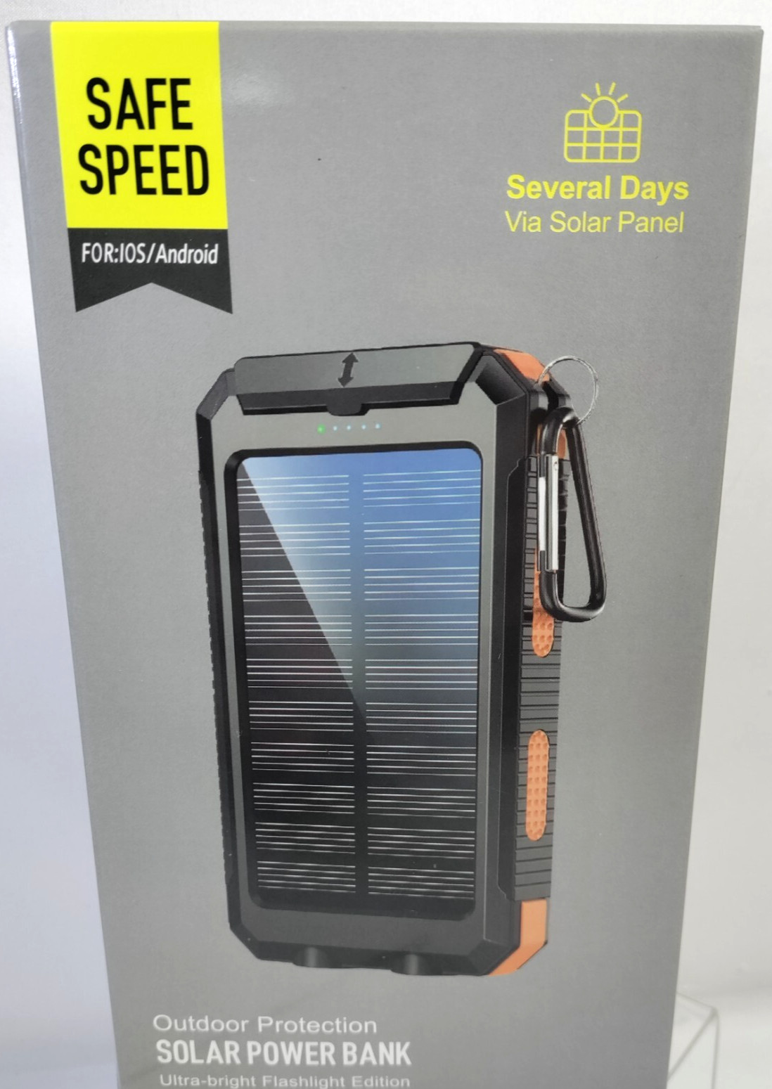 Portable Solar Power Bank Charger for cell phone w/flashlight, compass & clip.