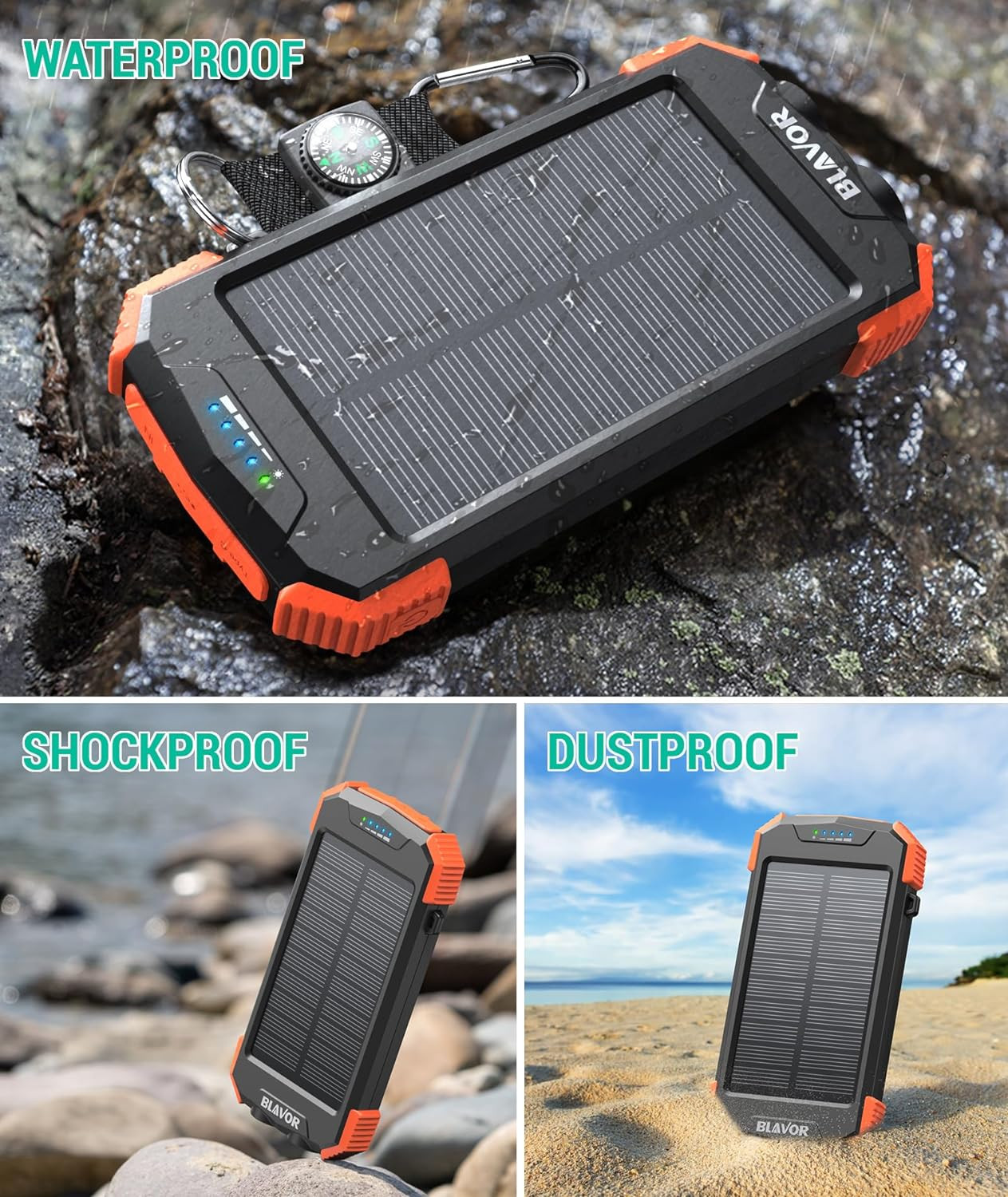 Solar Power Bank 10,000mAh, 20W Fast Wireless Charger with USB-C & Dual Flashlig