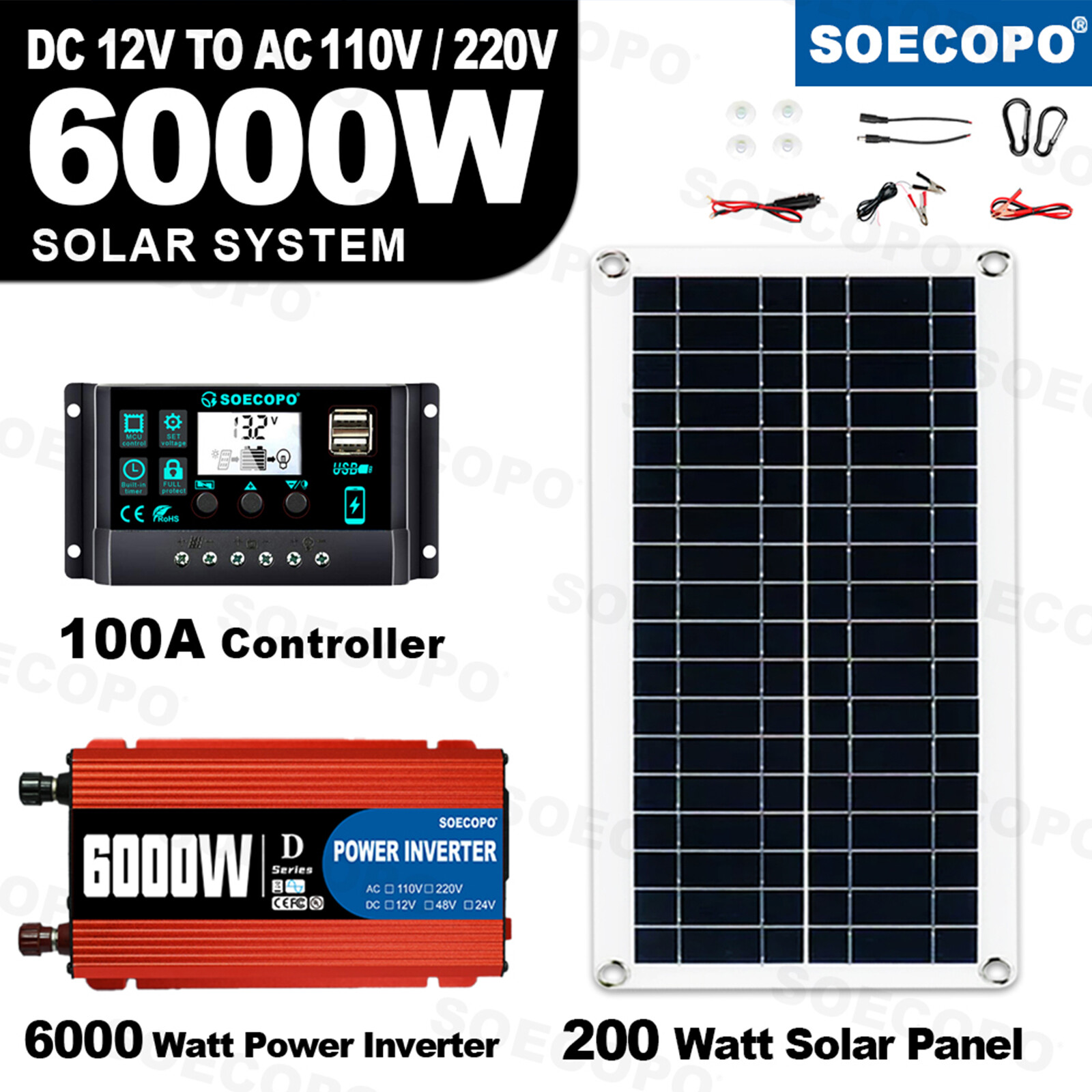 6000W 100A 110V Solar Panel Kit Complete Solar Power Generator Home Grid System