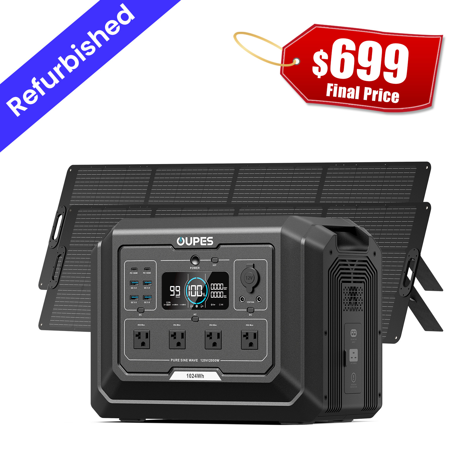 OUPES 1024Wh Mega 1 Power Station 2000W Solar Generator+2x240w Solar Panel Lot