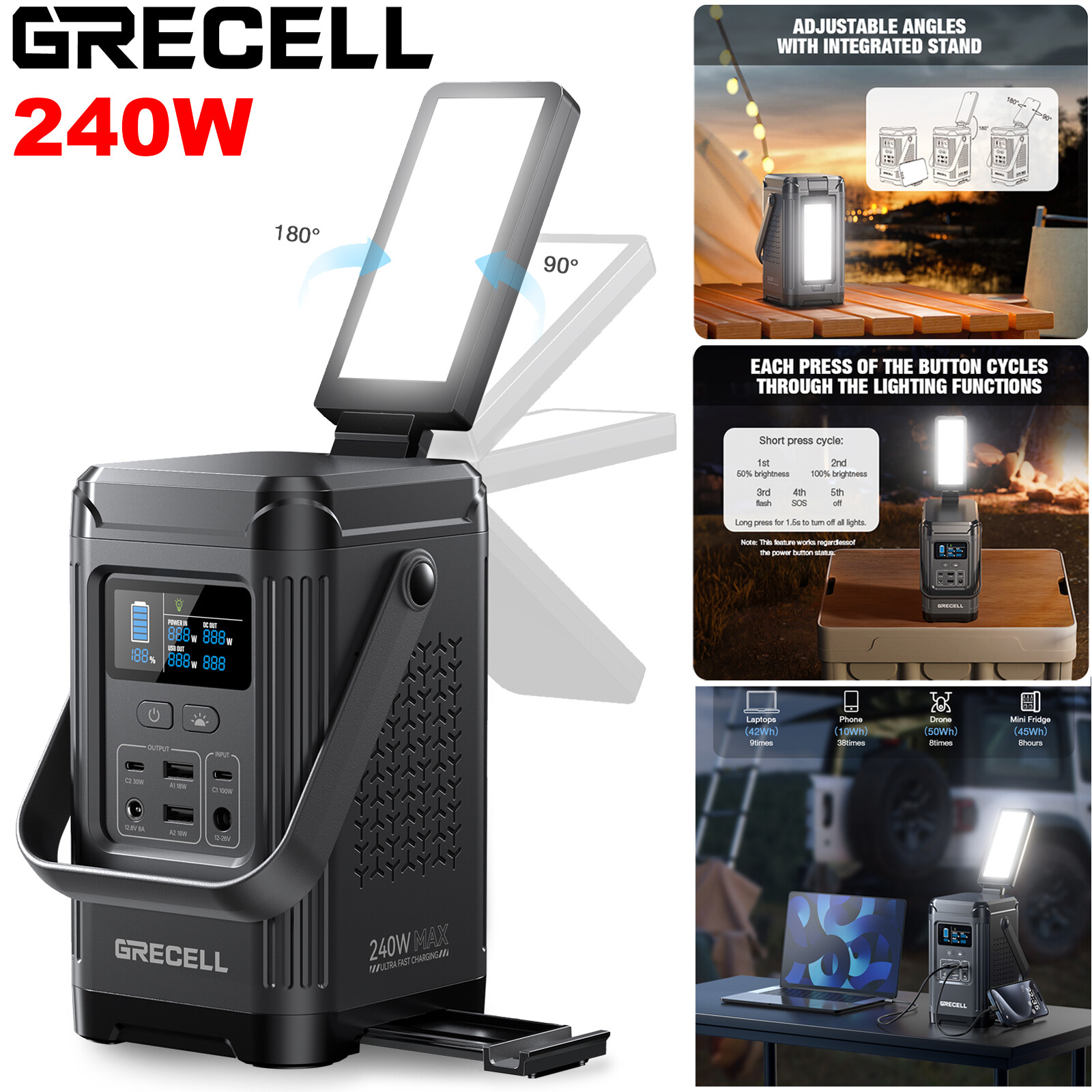 240W Portable Power Station Solar Generator LiFePO4 Battery Camping Power Bank