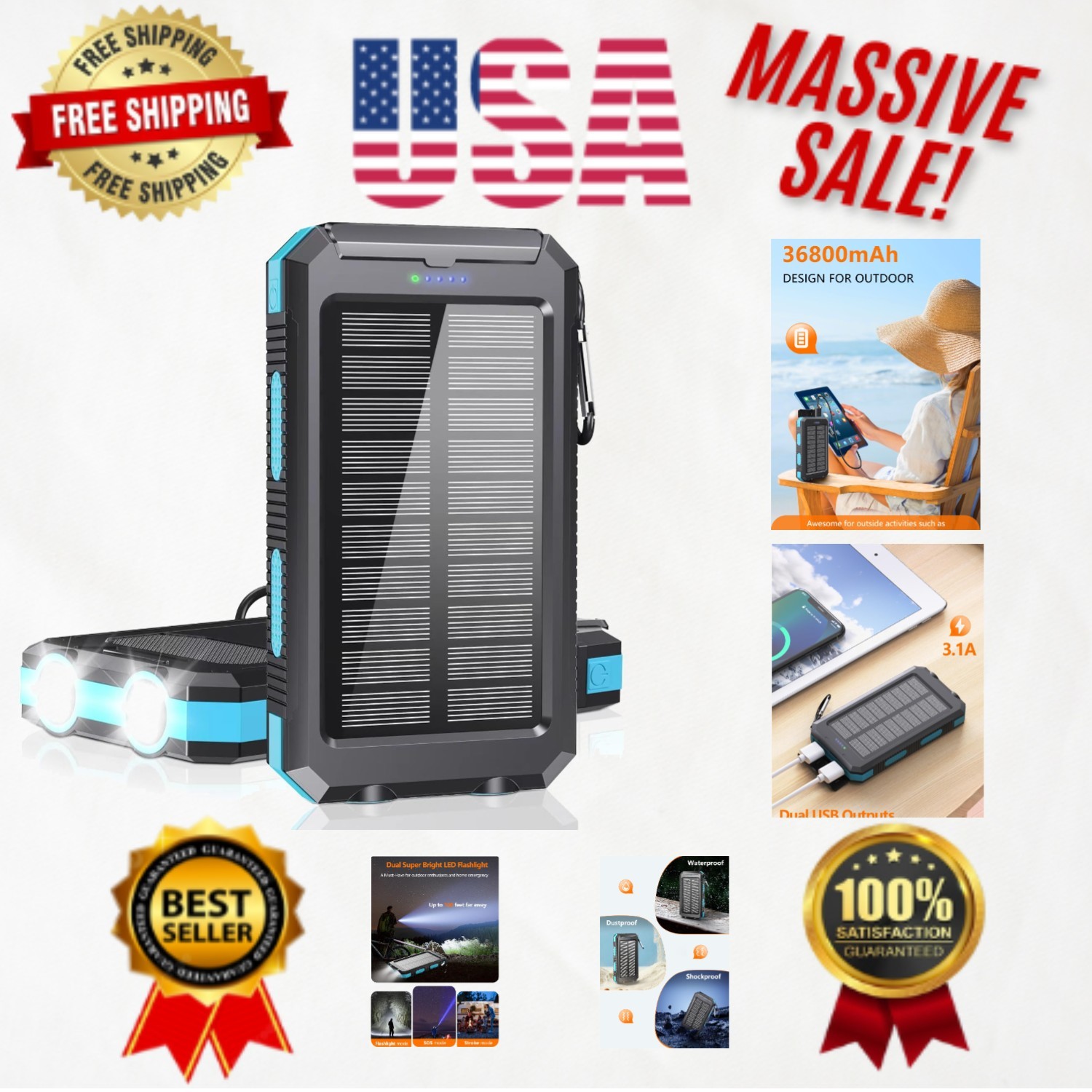 Solar Portable Charger 36800mAh: Fast Charging & Waterproof for Outdoors