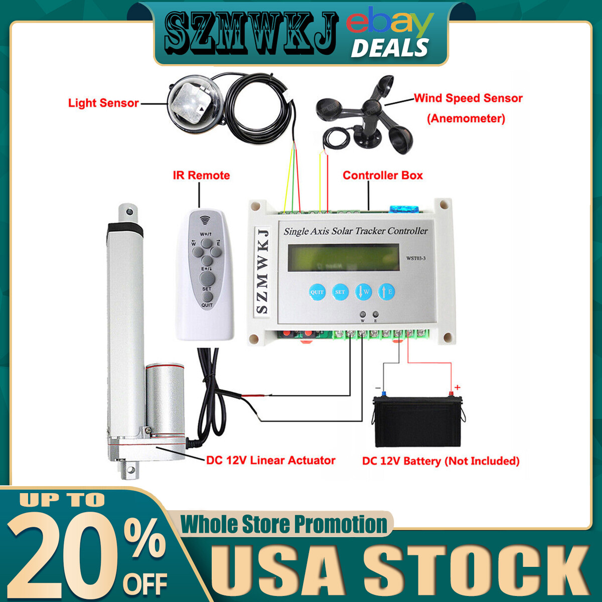 LCD Single Axis Solar Tracker 12V Linear Actuator Anemometer Solar Track Kits AT