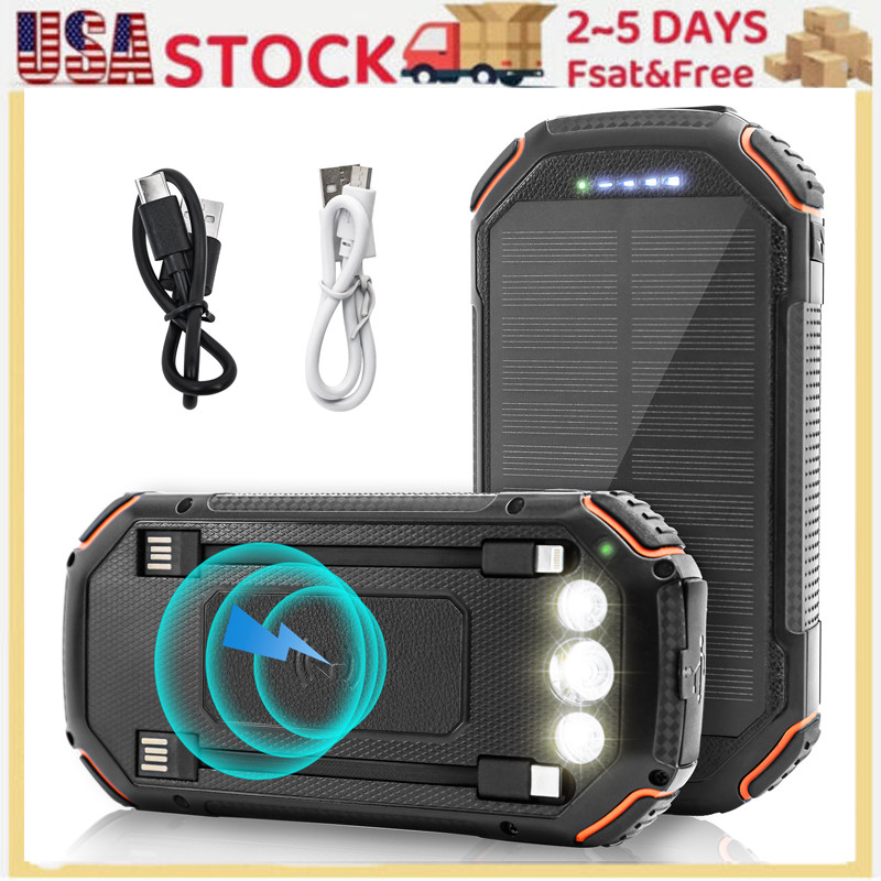 36000mAh Solar Power Bank Wireless Charger Built in 4 USB Cables Fast Charging