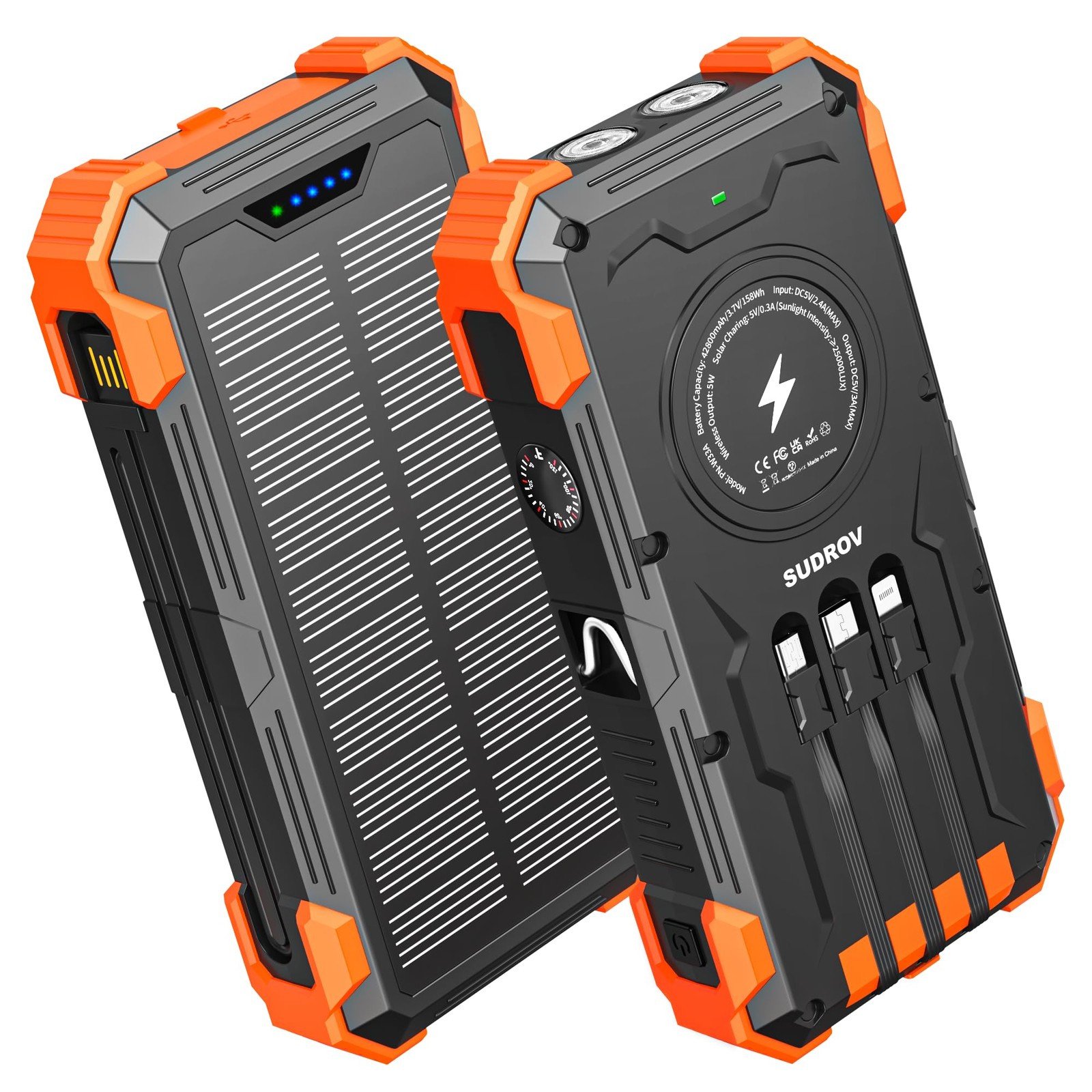 Portable Solar Power Bank 42800mAh Wireless Charging Waterproof Flashlight