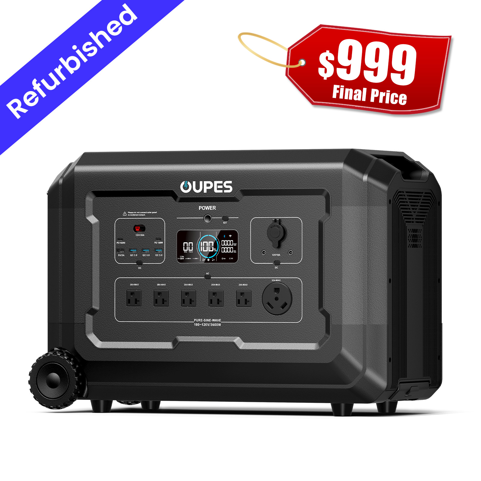 OUPES 3072Wh Mega 3 Portable Power Station 3600W Solar Generator Backup Battery