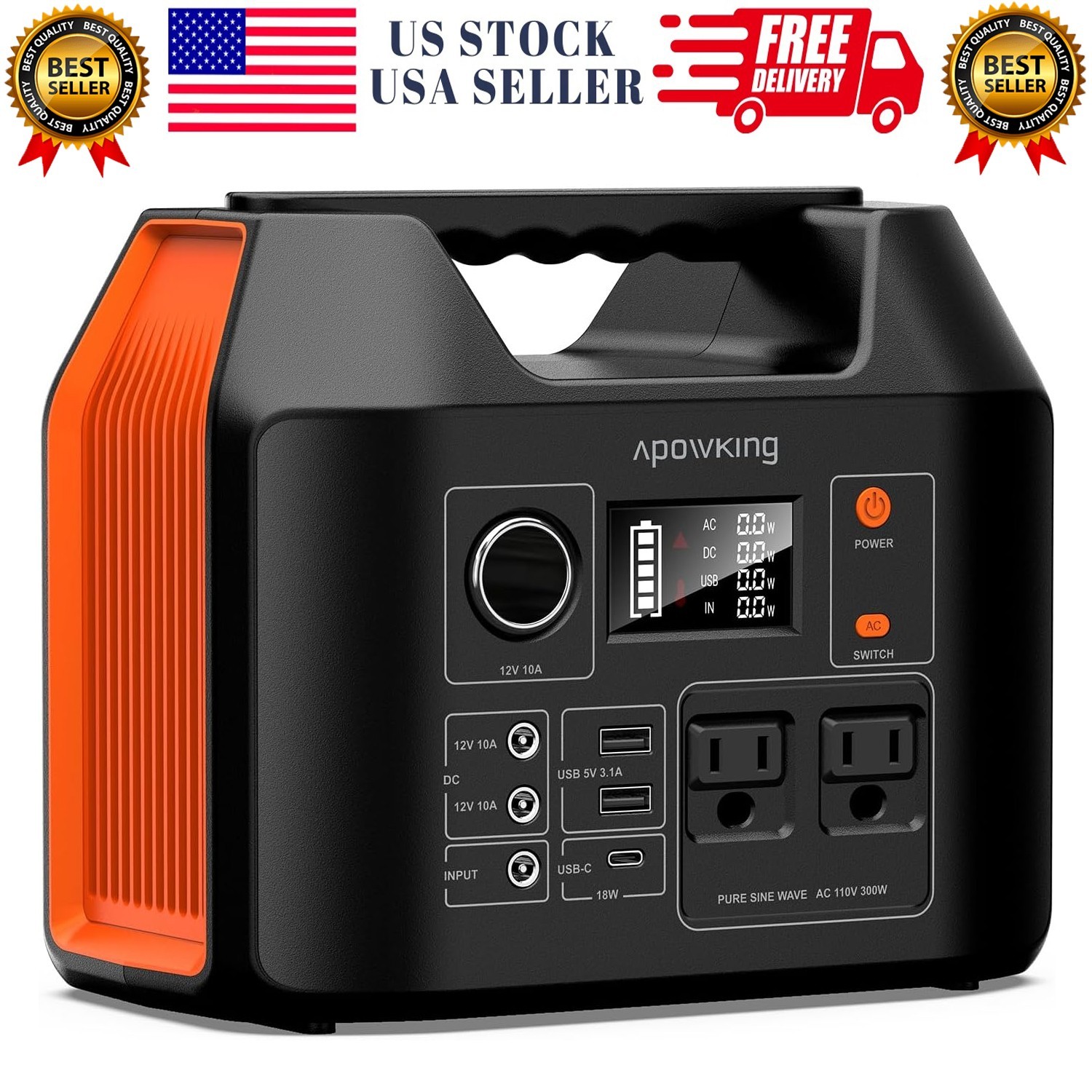 Portable Power Station 300W Rated(600W Peak), 256Wh LiFePO4 Battery, Solar Power