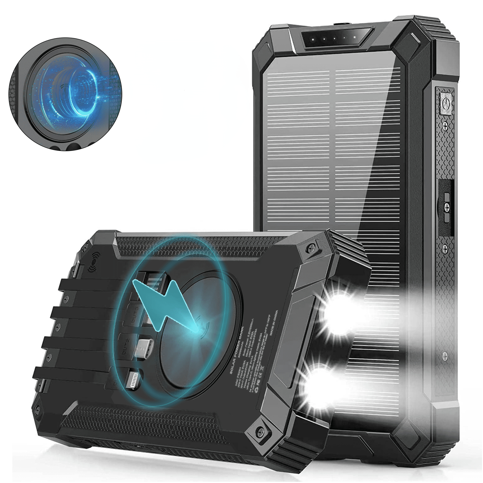 36000mAh Solar Power Bank Portable Battery Pack Wireless Charger with 4 Cables