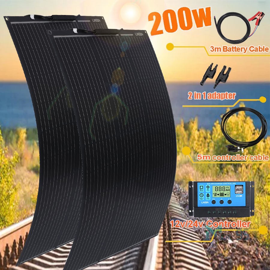100W 200W Flexible Mono Solar Panel Kits 12V Off-Grid Battery Charger RV Home US