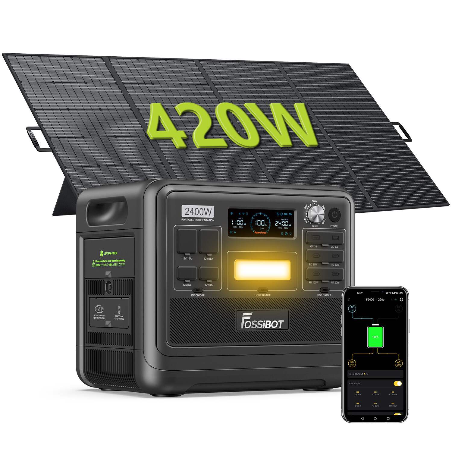 FOSSiBOT F2400 2400W 2048Wh Portable Power Station Generator + 420W Solar Panel