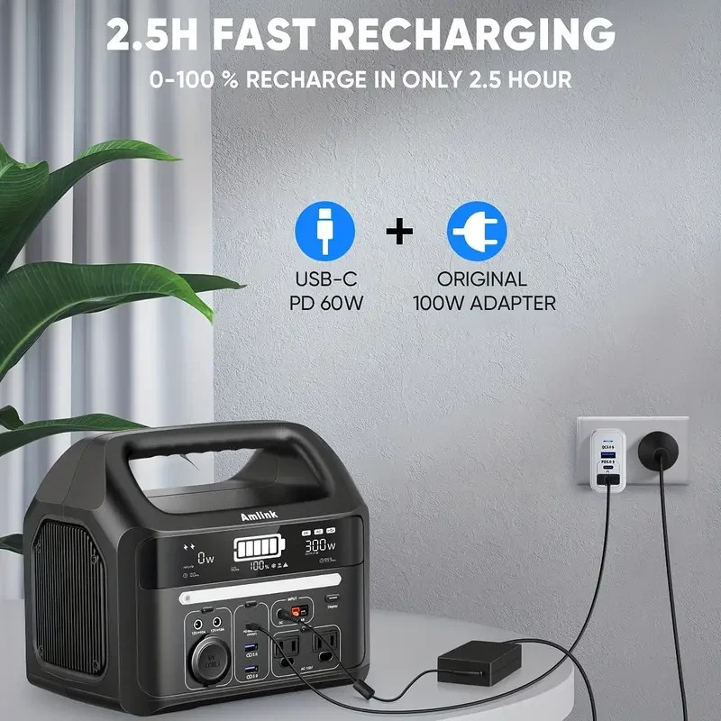 Amlink 300W Portable Power Station 299Wh LiFePO4 8-Port Solar Generator Backup