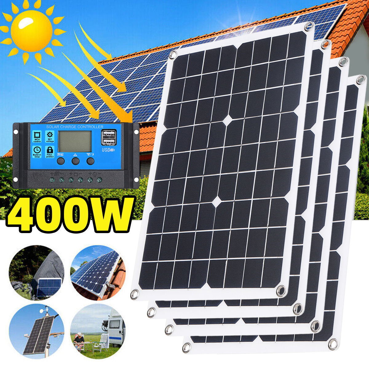 400Watt Complete Solar Panel Kit Power Inverter Generator 100A Home Grid System