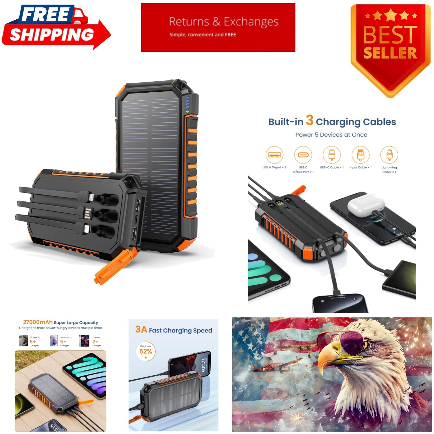 Power Bank Solar Charger 27000mAh Built in 3 Cables Five Outputs 15W Fast Cha…