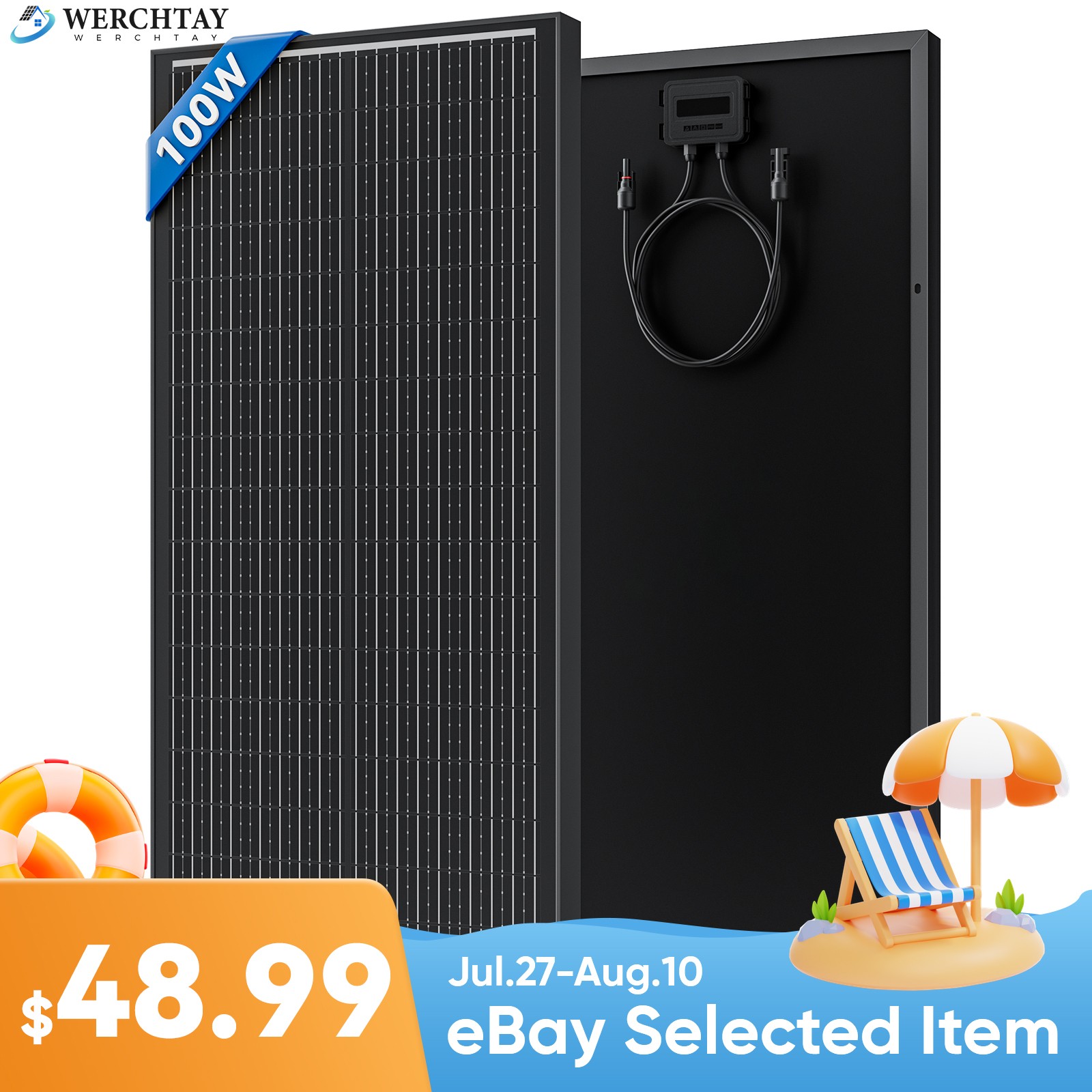 100W Monocrystalline Solar Panel 12V 18BB Charging RV Camping Home Off-Grid Boat