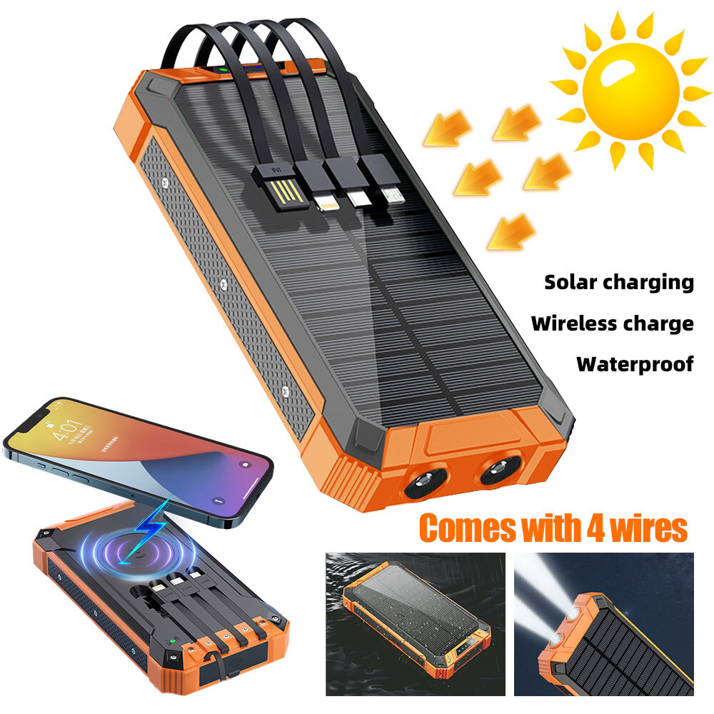 36000mAh Wireless Solar Charger Power Bank 4 Cable Fast Charging LED Flashlight