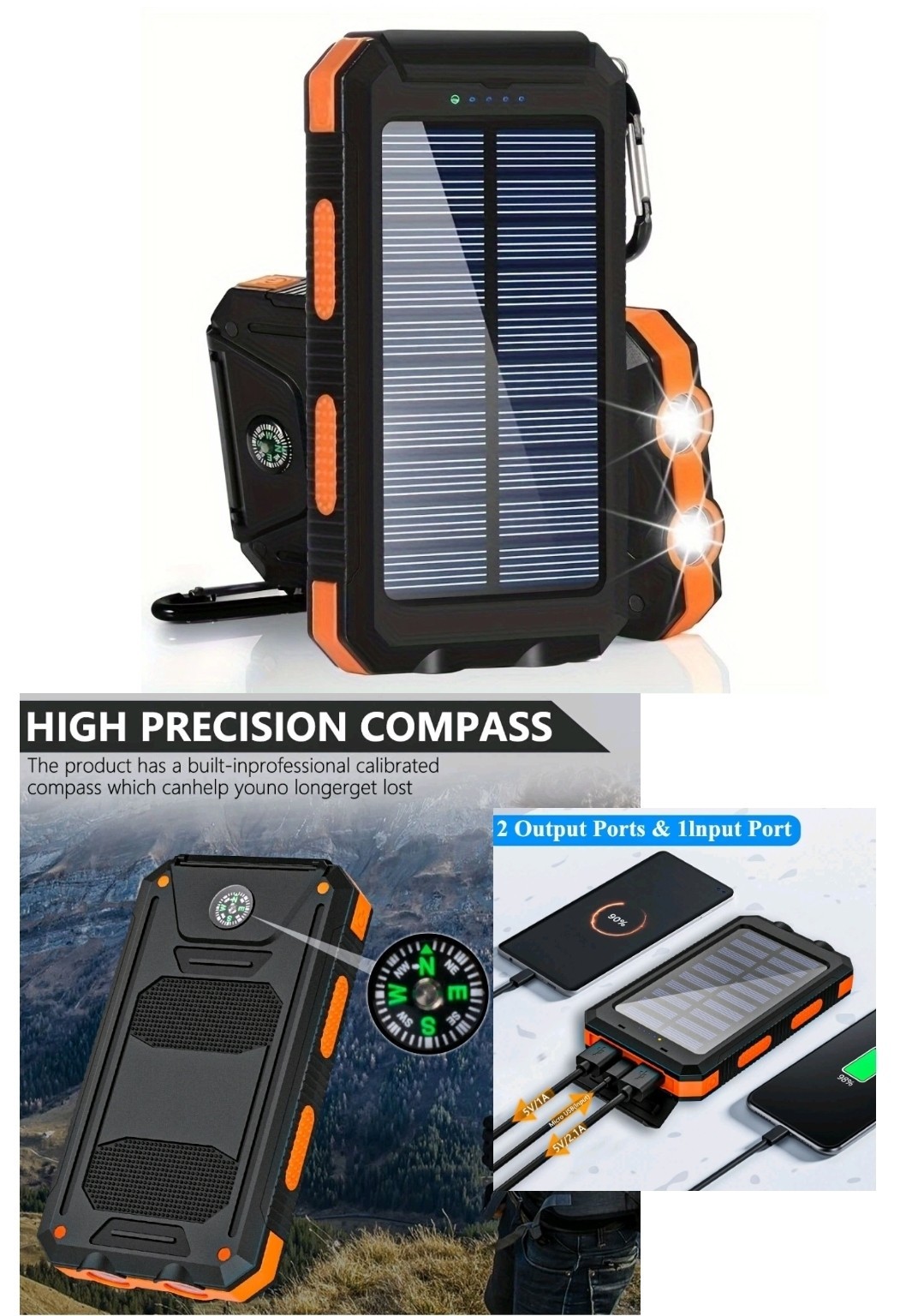Solar Power Charger With Flashlight & Compass 19800mAh Fast Shipping Usa Seller