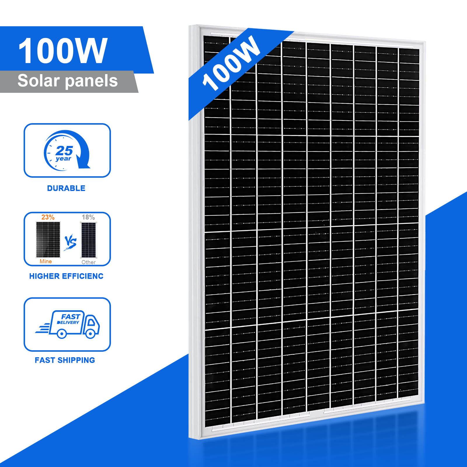 100W Watt 12V Monocrystalline Solar Panel 9BB Cell For RV Camping Home Off Grid