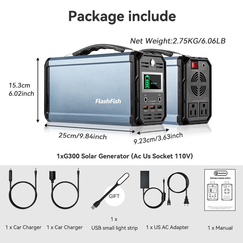 Flashfish Power Station 300W Portable AC Outlet 222Wh Solar Generator Energy Sta