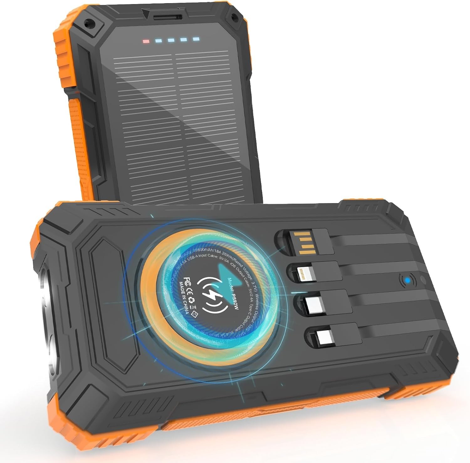 ERRBBIC Solar Charger Power Bank 49800mAh, 22.5W Portable Charger, 15W Orange