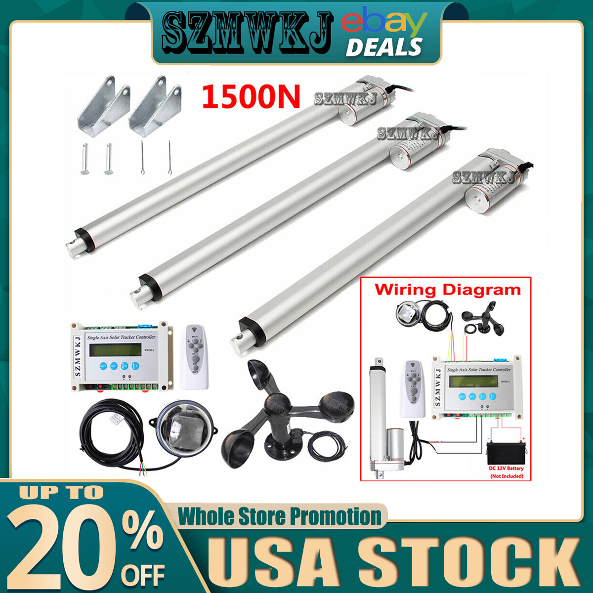 Single Axis Solar Panel Tracker Controller Kits W/ Linear Actuator W/ Anemometer