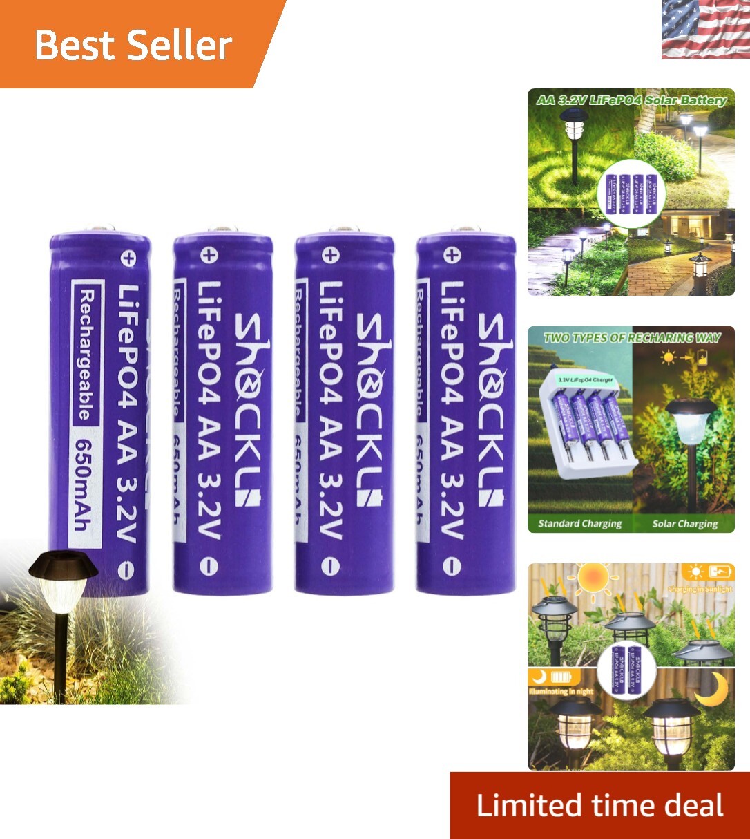 4 Pack of AA 3.2V LiFePo4 Rechargeable Batteries – Ideal for Solar Lights