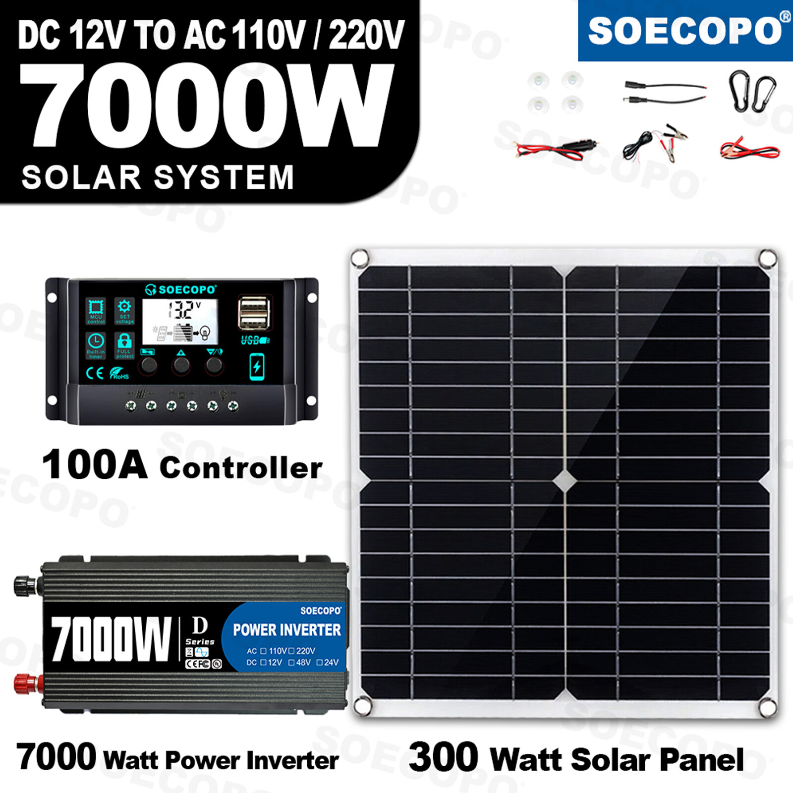 7000W Solar Kit 12V 110V Inverter Battery ChargerLighting/Camping W/300W Panel