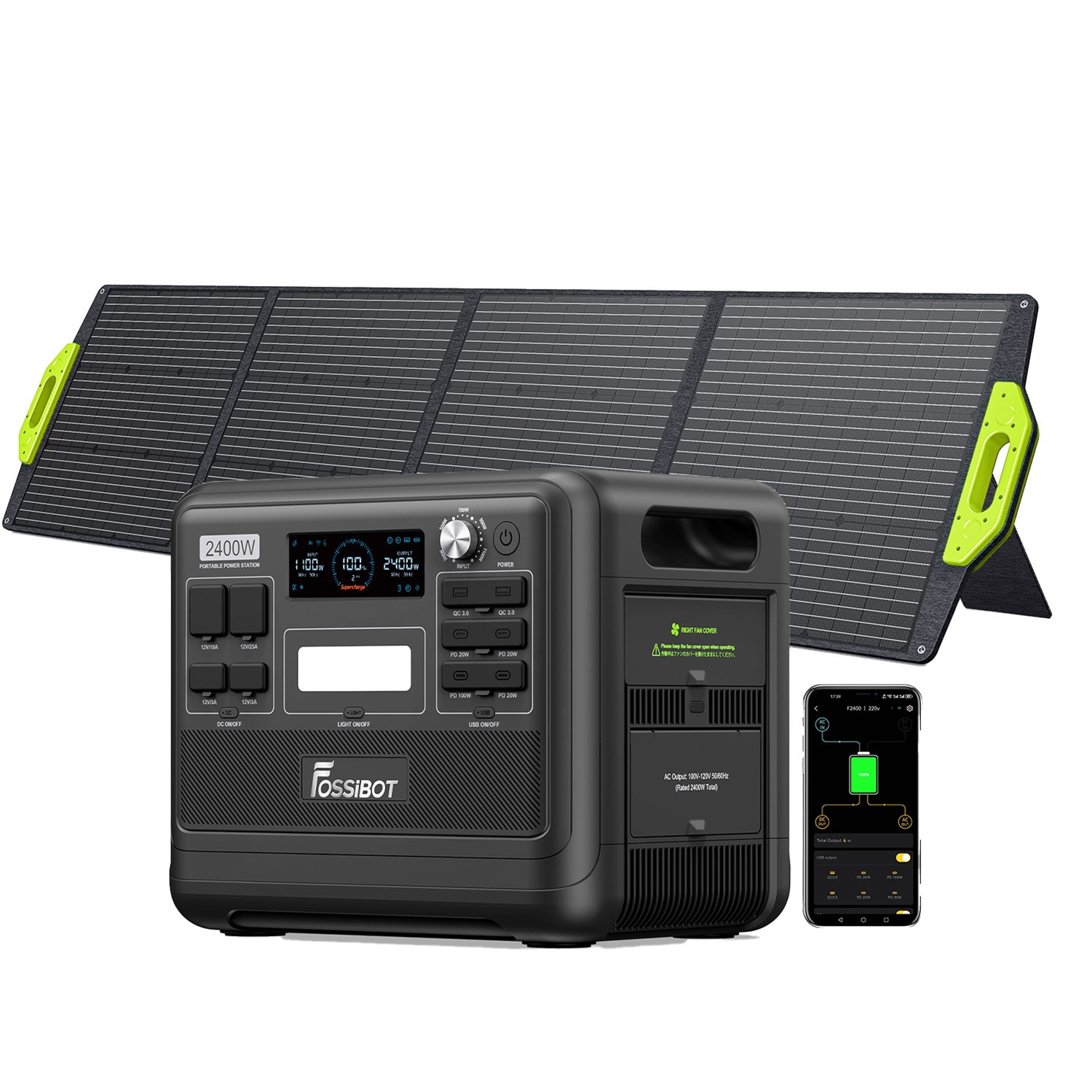 FOSSiBOT F2400 2048Wh Portable Power Station 200W Solar Panel w/23.4% Efficiency