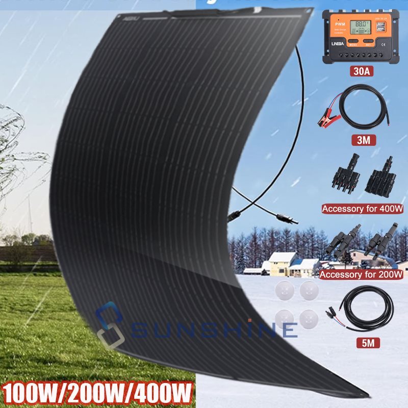 400W 200W 100W Flexible Monocrystalline Solar Panel Kit for Home/Caravan/RV/Boat