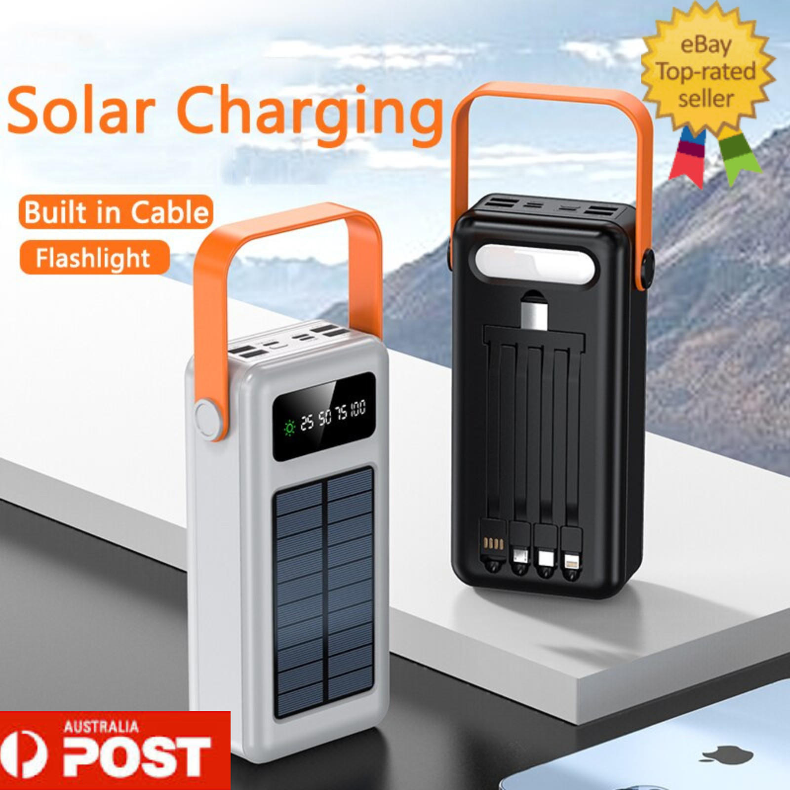30000mAh Solar Power Bank with Cable Camping Flashlight External Battery Charger