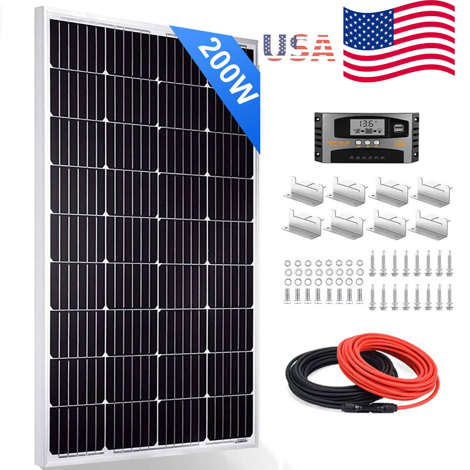 200W 12V Solar Panel Kit With 40A Controller Mounting Bracket Battery Charger RV