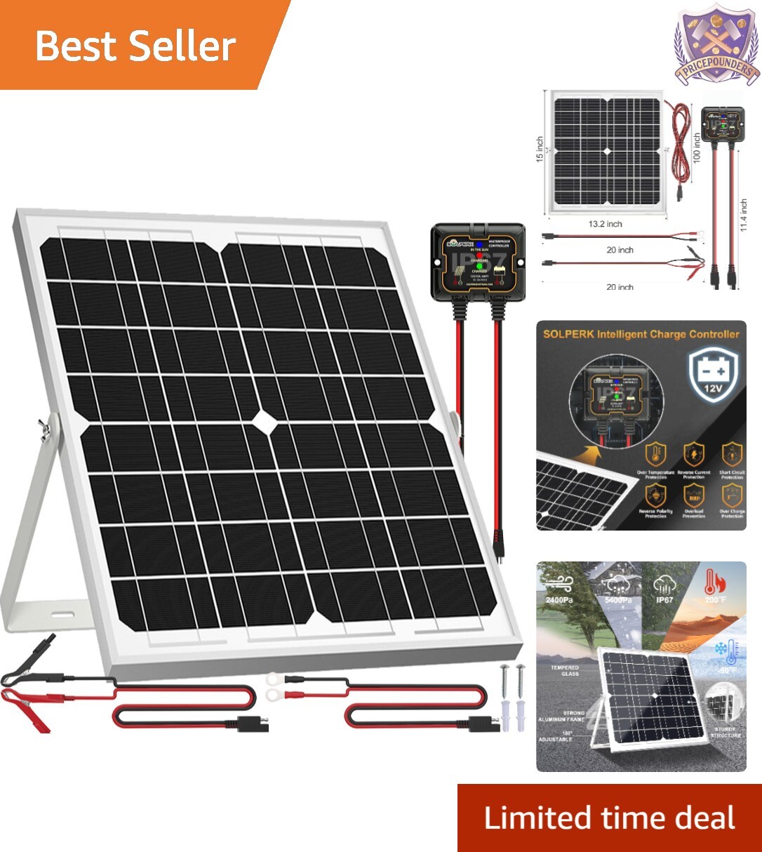20W Solar Panel Kit Monocrystalline 12V Charger with Adjustable Bracket for RV