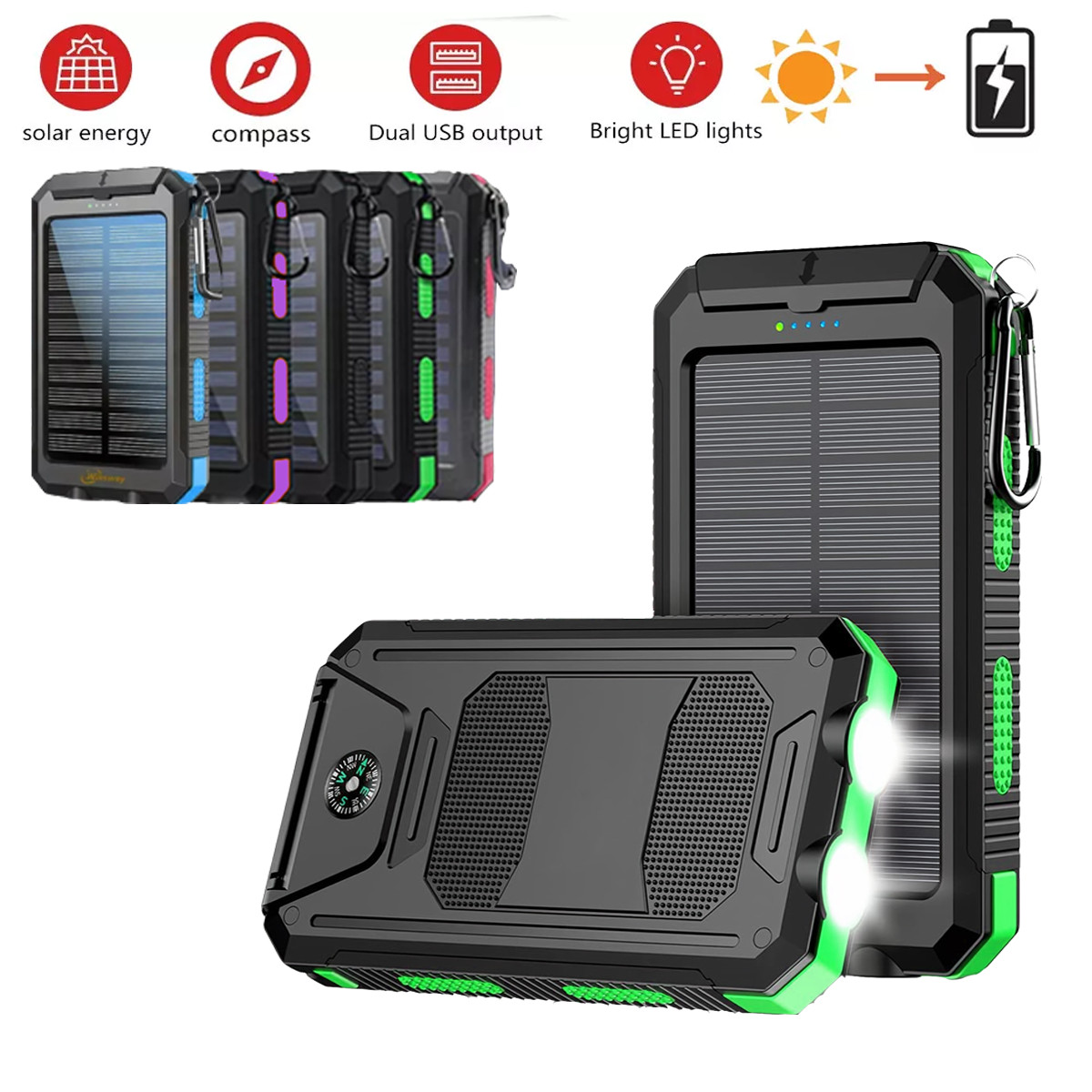 Portable 20000mAh Waterproof Solar Power Bank USB External Battery Pack Charger