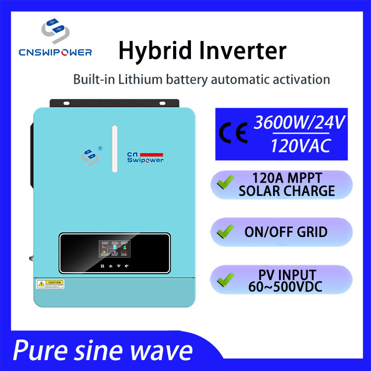 Hybrid inverter 24v 3600VA AC 120v  pure sine wave solar system CHARGE120A MPPT