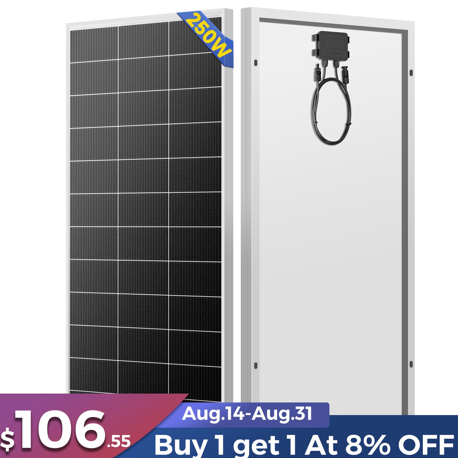 250W 12V Mono Solar Panel 12BB Power RV Camping Home Boat Camp Off Grid Charger