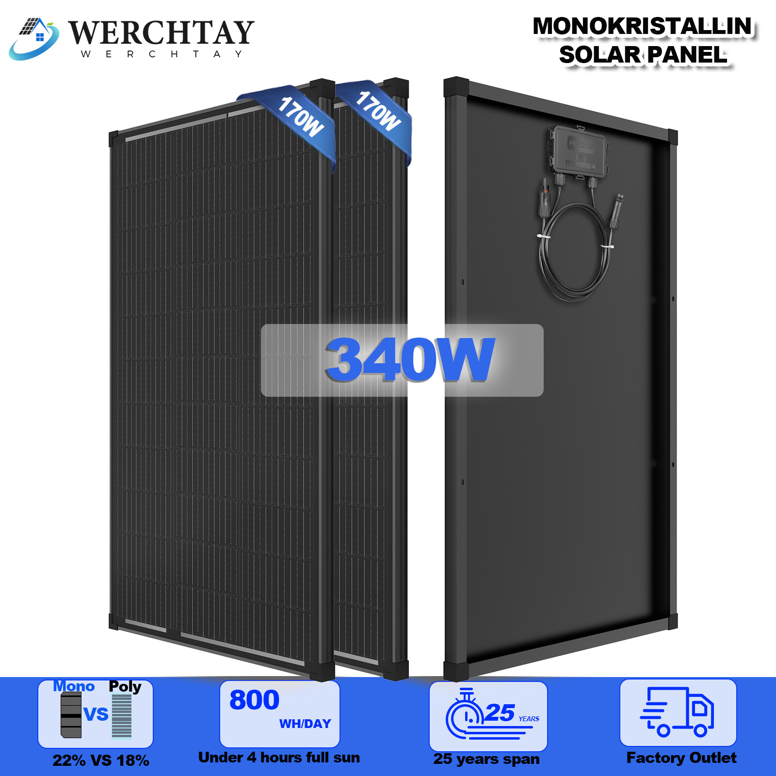 12V 170W 200W 300W 340W Watt Monocrystalline Solar Panel RV Home Off Grid Campin