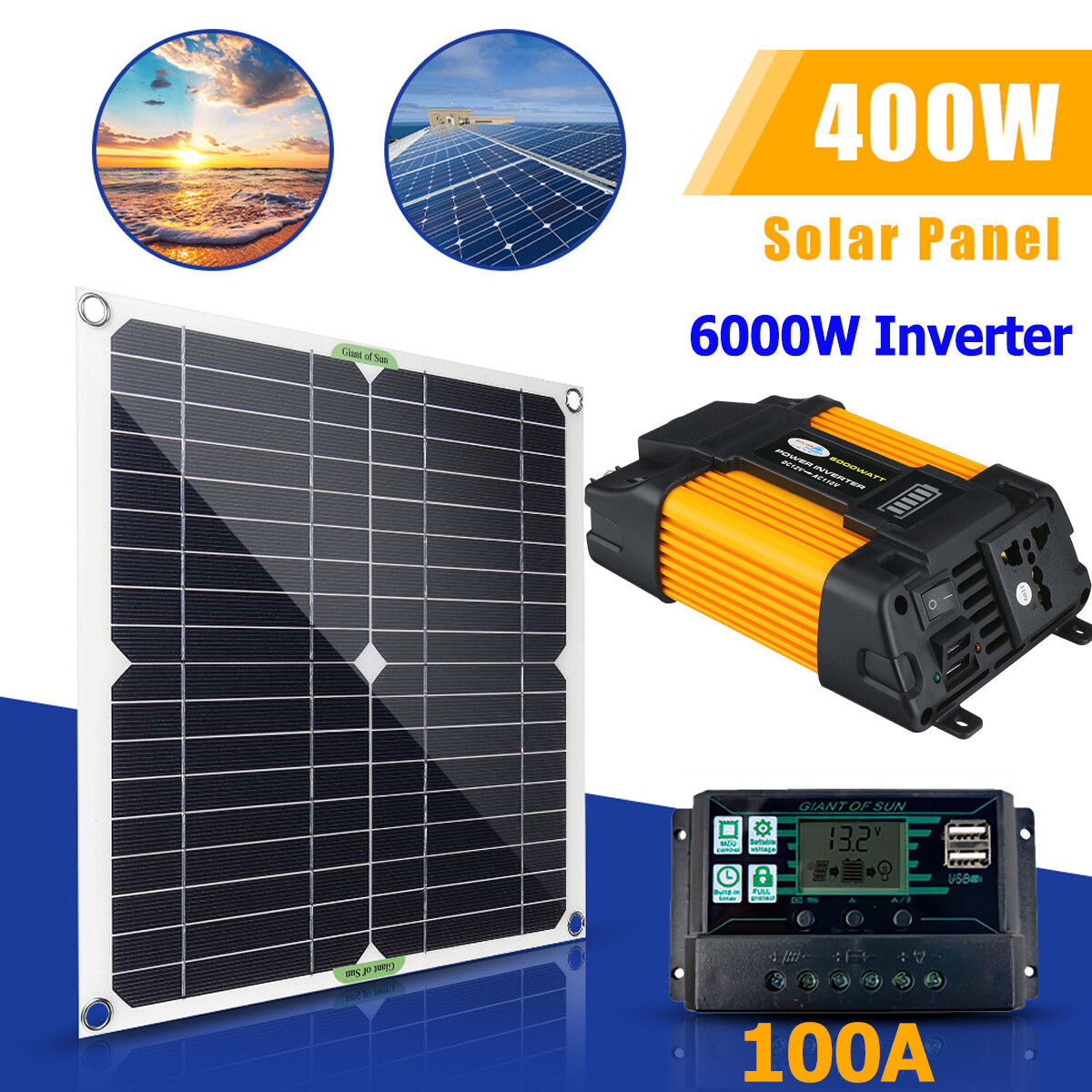 6000W Car Power Inverter Solar Power Generator With 400W Solar Panel Kit Boat RV