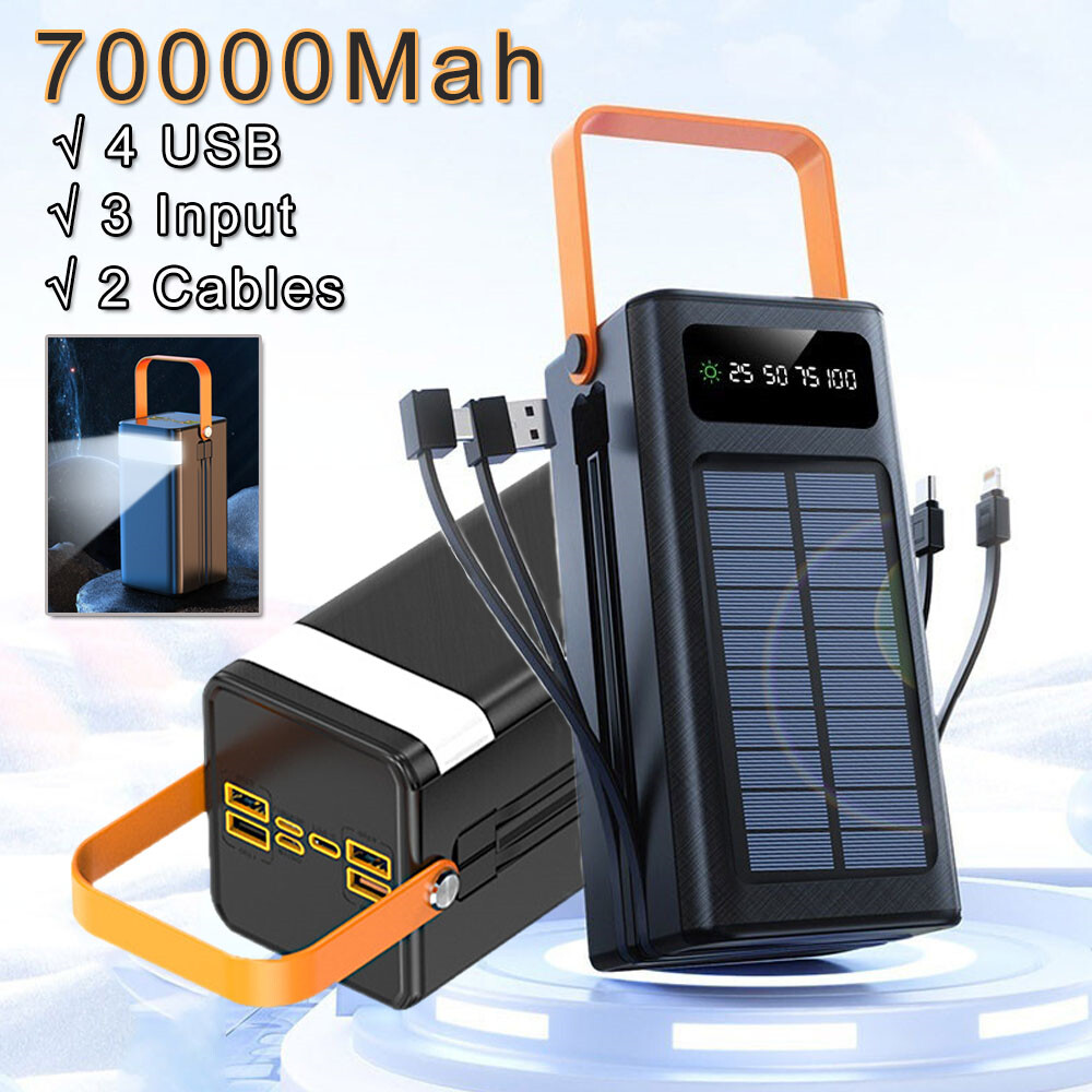 70000mAh Solar Power Bank 120W Portable Charger with 2 Cables & 4 USB Outputs