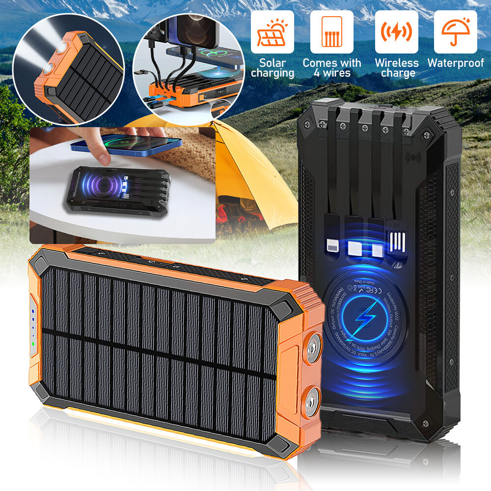 36000mAh Universal Solar Power Bank Wireless Charger W/ 4 Cables&Dual Flashlight
