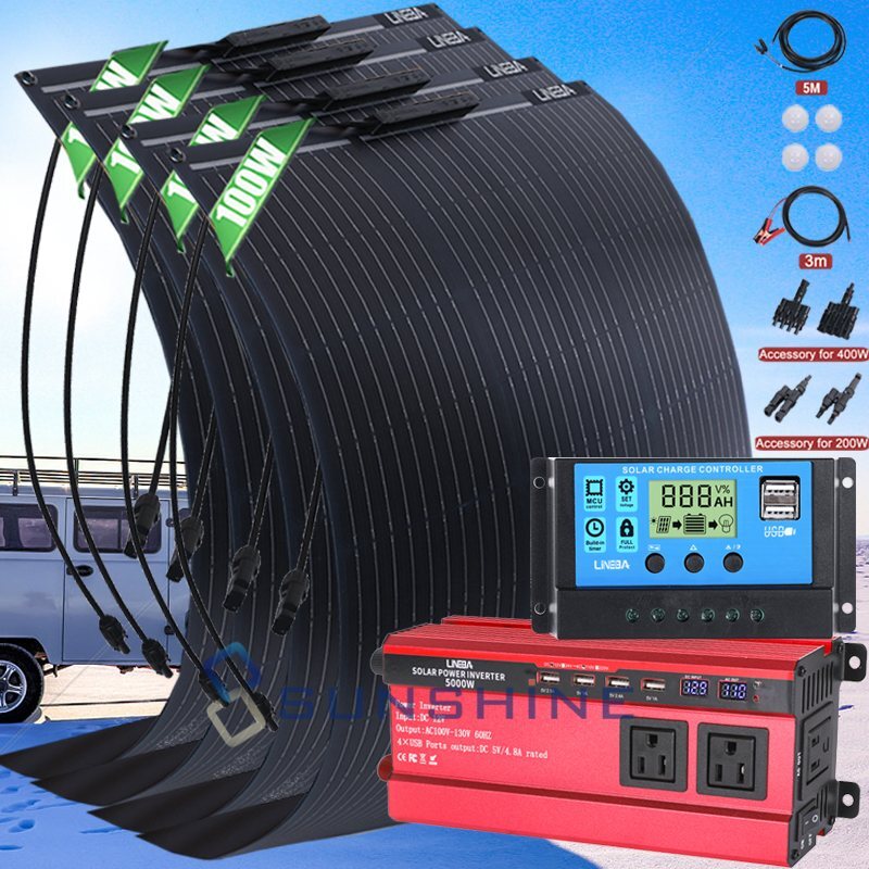 400W 200W Mono Solar Panel Inverter Kit Backup Power Station RV Roof Generator