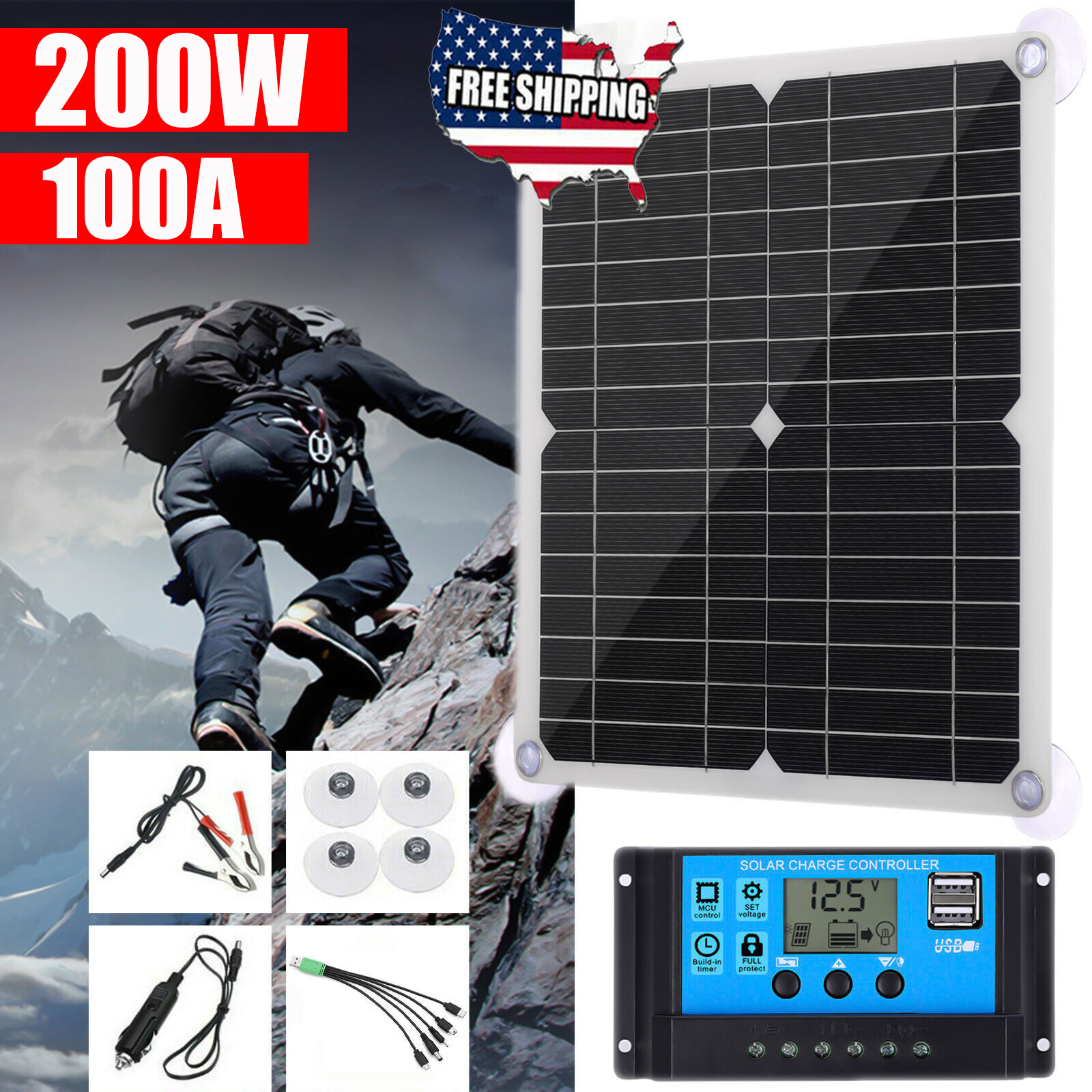 200 Watts Solar Panel Kit 100A 12V Battery Charger with Controller Caravan Boat
