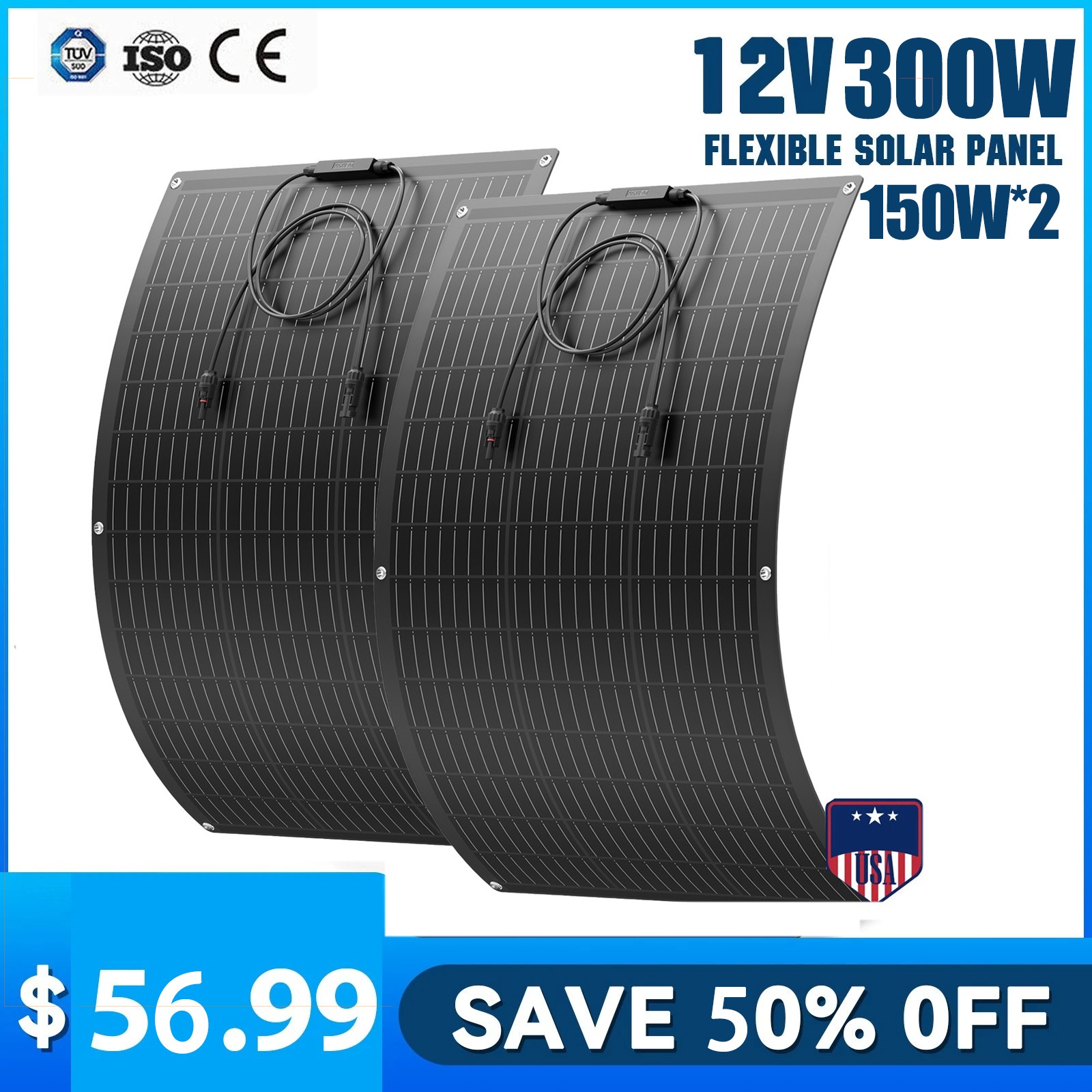 12V 300W Flexible Solar Panel Mono Portable Power Camping Home RV Battery Charge